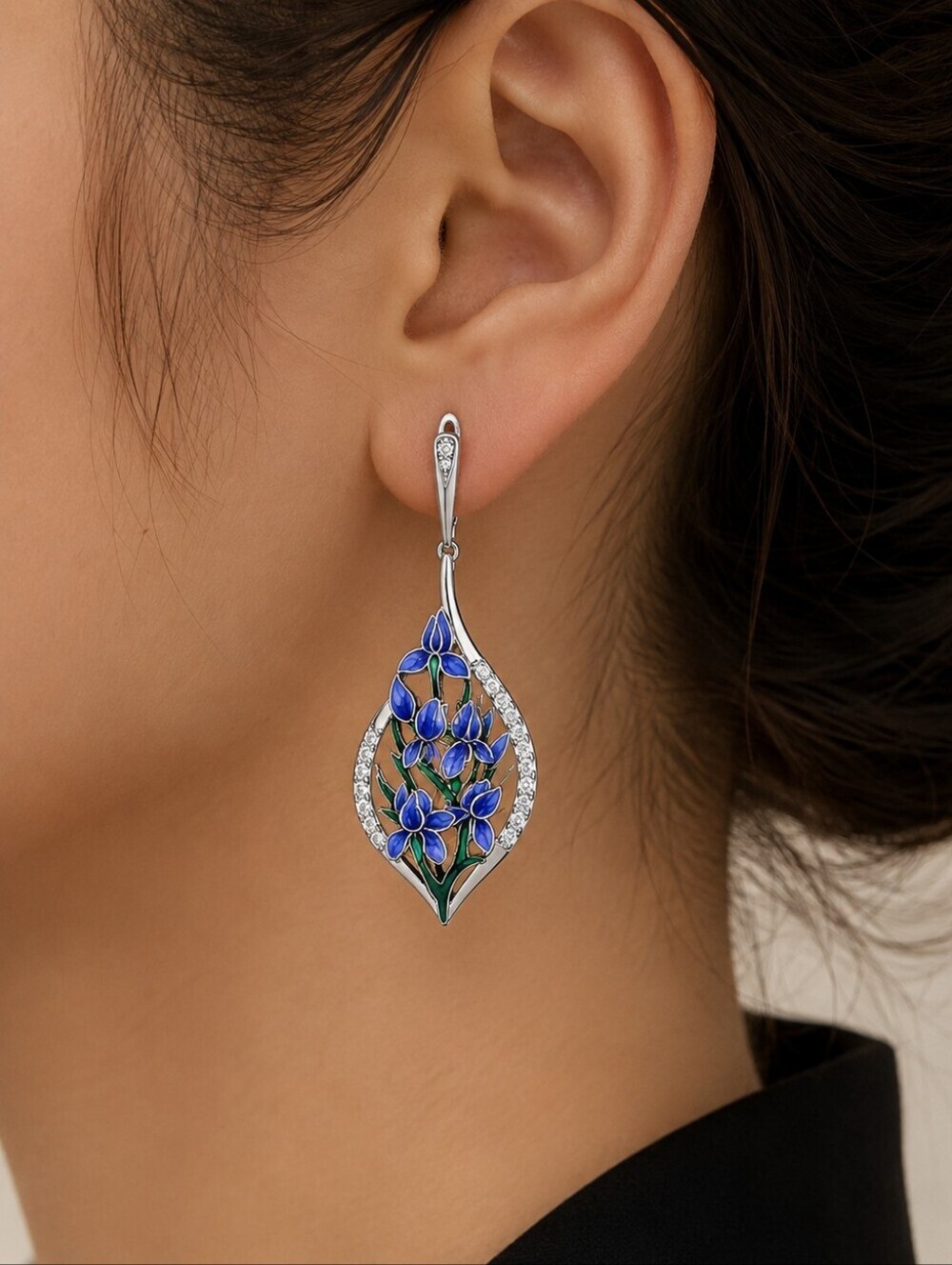 Blue Enamel Floral Drop Earrings - Women Jewelry